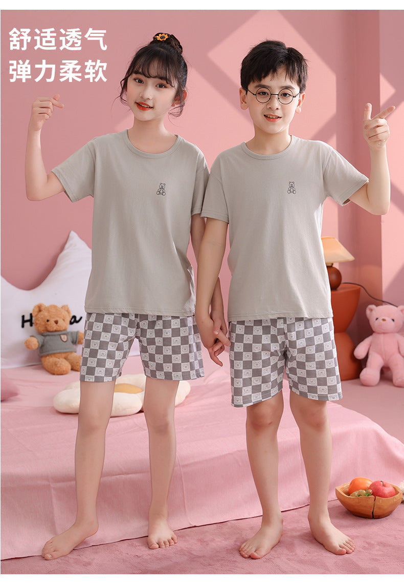 Children's Pajamas, Pure Cotton, Summer Short-Sleeved Shorts Set for Boys, Home Clothes for Girls, Air-Conditioned Clothes for Middle-Aged and Older Boys