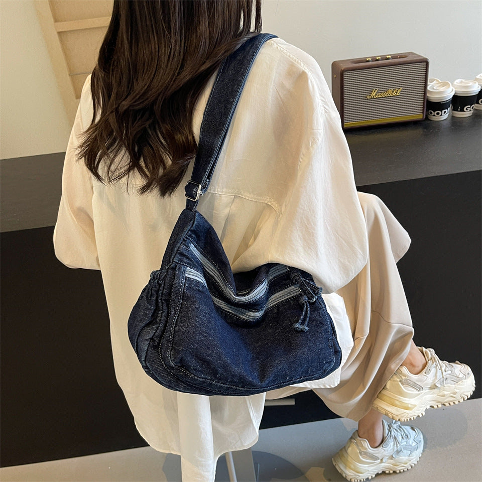 Casual Denim Shoulder Bag Japanese Harajuku Style Canvas Bag for Women 2026 New Large Capacity Simple Crossbody Bag