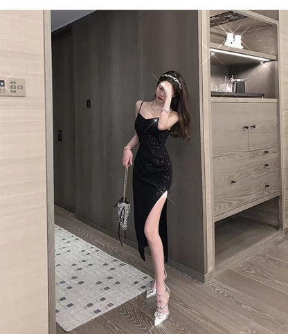 2024 Summer New Korean-style Hepburn Black Dress Mid-length Slimming Sequin Split Slim Sling Sexy dress