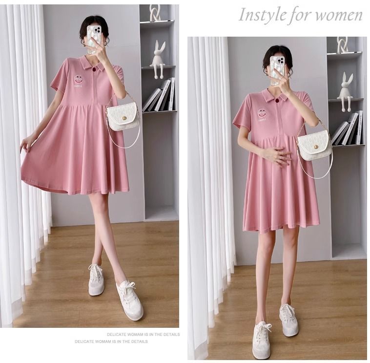 Pregnant Women's Dress Women's Summer Trendy Mom Thin Short-sleeved Top Pink Polo Collar Fashion Nursing Summer Dress