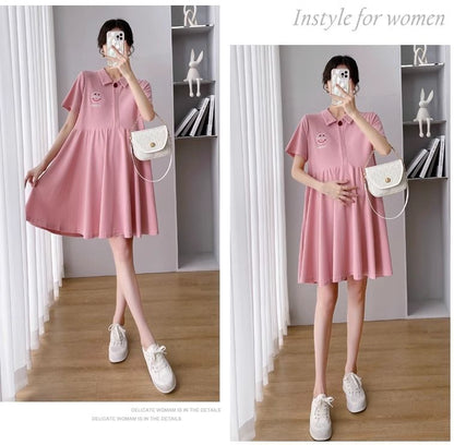 Pregnant Women's Dress Women's Summer Trendy Mom Thin Short-sleeved Top Pink Polo Collar Fashion Nursing Summer Dress