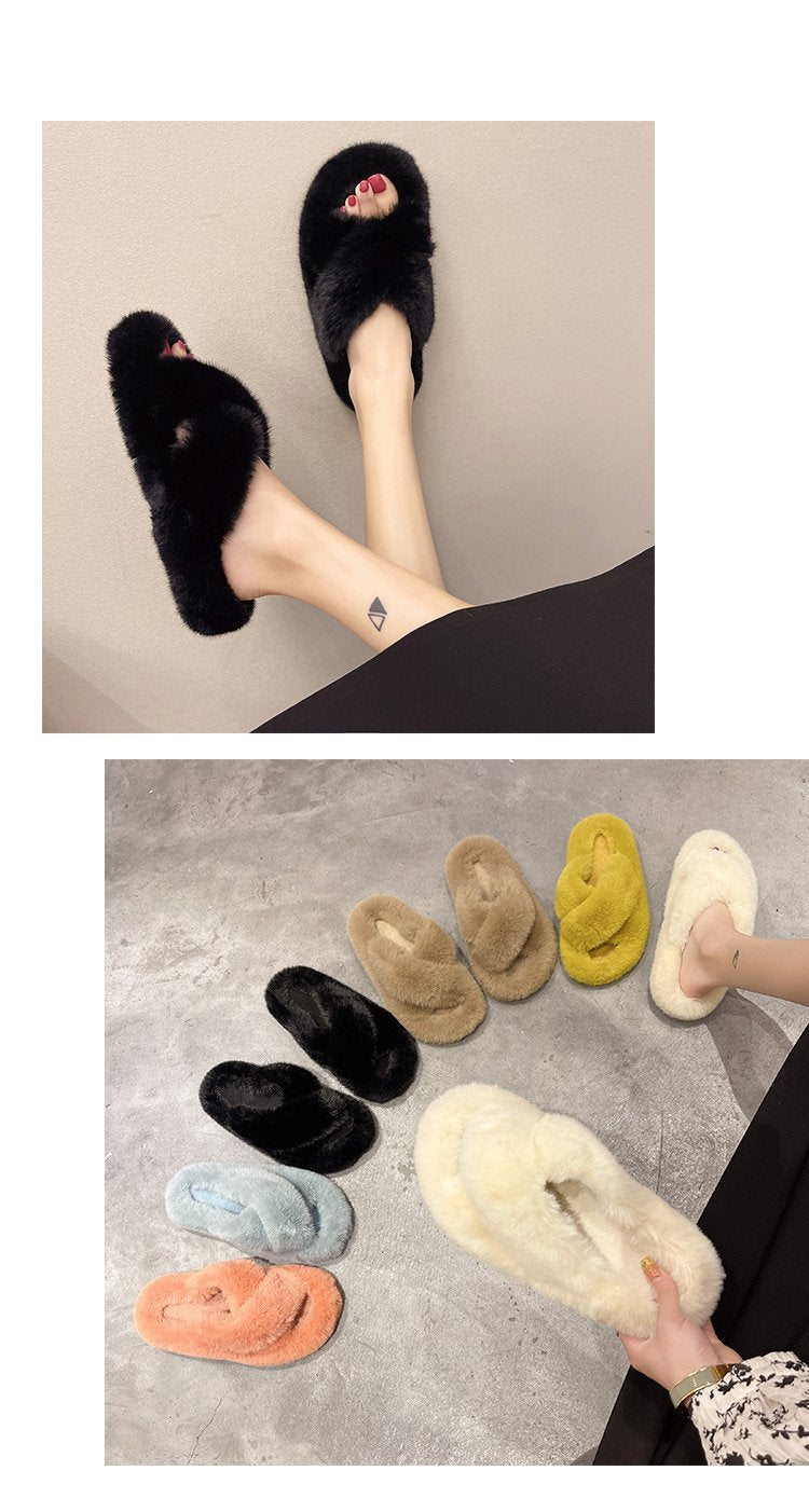 Foreign Trade Furry Slippers for Women 2025 Autumn and Winter New Korean Style Lazy Outer Wear Cross Thick-Soled Open-Toe Slippers for Outer Wear