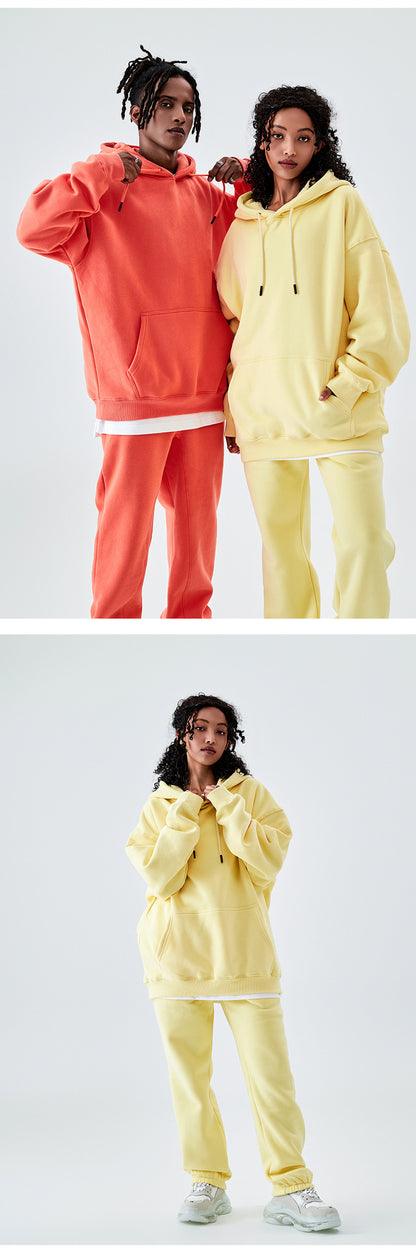 Tilani Men's Clothing European and American Trendy Brand High Quality 350g Fleece-Lined Thick Men's and Women's Hooded Sweatshirt and Sweatpants Pure Color Suit