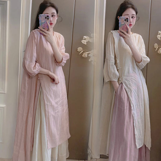 Summer New Style Quality Ramie Handmade Buckle Lace Lace Guofeng dress Double-Layer Skirt suit by PDG ibma