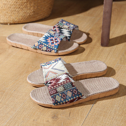 Four Seasons Home Linen Slippers Fashion Printed Thick Sole Non-Slip Sweat-Absorbent Wear-Resistant Large Sole Couple Linen Slippers Ethnic Style