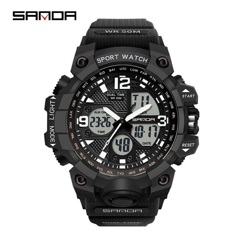 Sanda Hot-Selling Watch Korean Version Student Party Multi-Functional Waterproof Alarm Clock Electronic Watch Cool Dual Display Luminous Sports Watch by PDG ibma