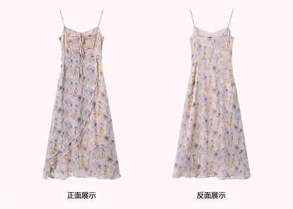 French Style Waisted Gentle Floral dress Women's Seaside Beach Vacation Fairy dress Elegant Pure Slip Dress