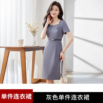 [Elegant Long Skirt] V-neck Short-sleeved dress High-end Work Clothes Mid-length Skirt Spring and Summer Business Wear Uniform