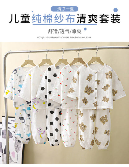 Children's Thin Double-Layer Gauze Pajamas Two-Piece Set Summer Girls Home Clothes Baby Boy Long-Sleeved Bloomers Set
