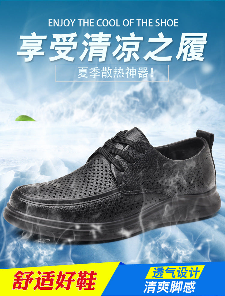 Summer Men's Shoes for Middle-Aged and Elderly People, Genuine Leather Breathable Men's Sandals, Leather Shoes, Soft Soles, Hollow Casual Shoes, Clogs