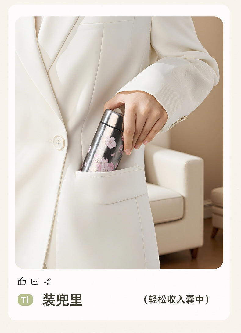 Pocket Insulated Cup Mini Compact Wave Cherry Blossom Rose Pure Titanium Coffee Mug Couple Portable Cute Healing Travel Companion