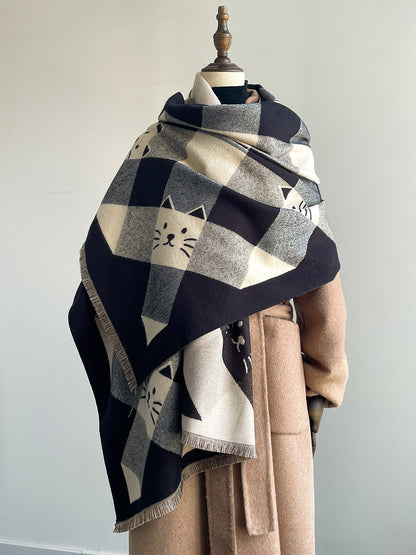 Niche Designer Cartoon Cat Cute Cashmere Scarf Women's Autumn and Winter Warm Thickened Neck Shawl New