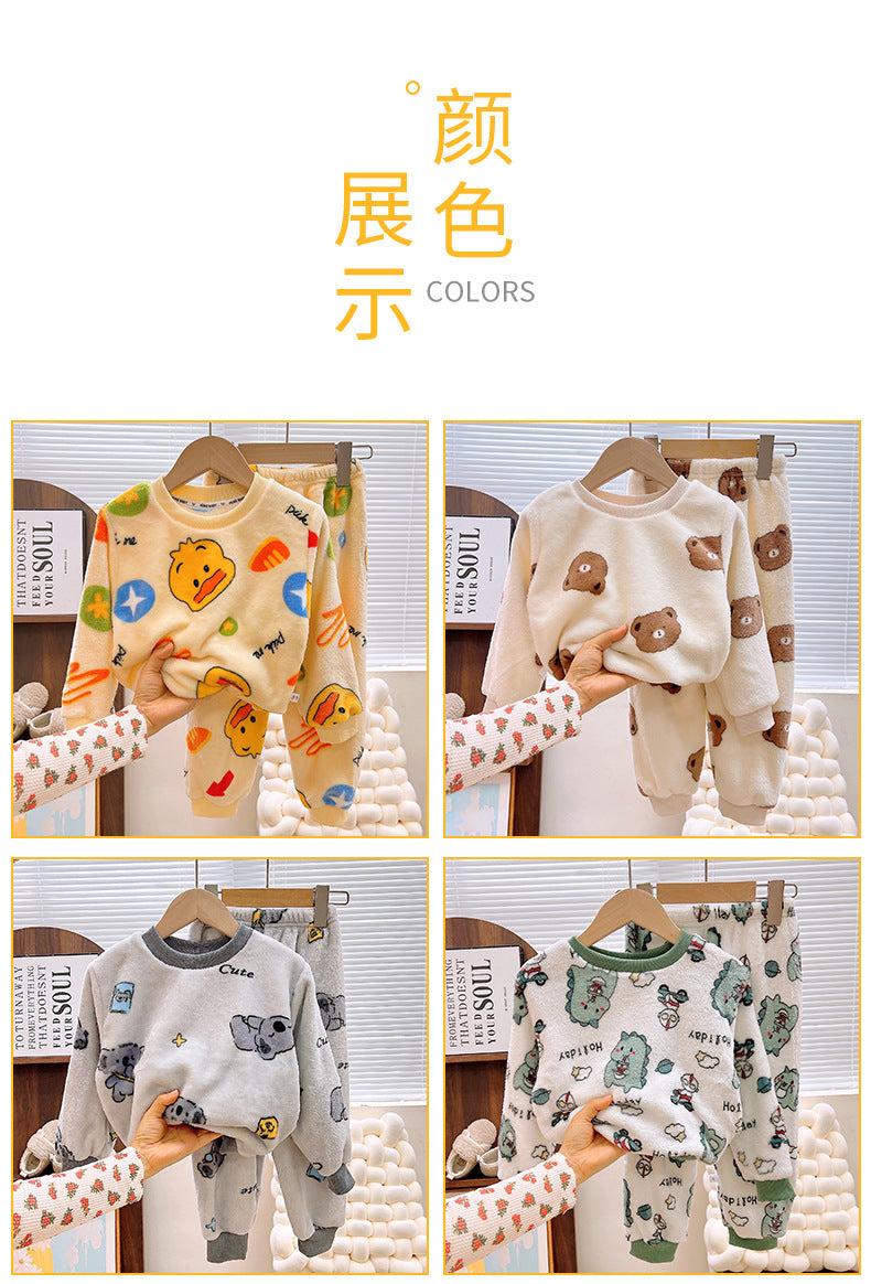 Men's and Women's Flannel Pajamas suit Autumn and Winter Middle and Big Children's Warm fleece-lined Thickened Autumn Clothes and Pants Home Clothes