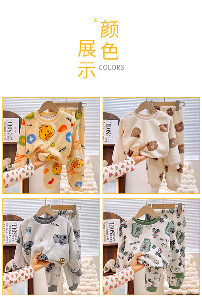 Men's and Women's Flannel Pajamas suit Autumn and Winter Middle and Big Children's Warm fleece-lined Thickened Autumn Clothes and Pants Home Clothes