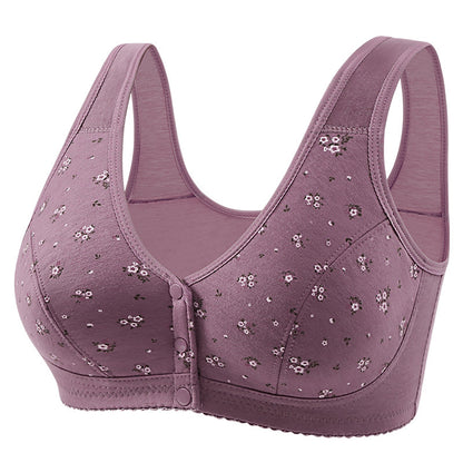 Front Button Middle-Aged and Elderly Large Size Push-Up Bra Thin Underwear Women's Soft Cotton Printed Wire-Free Vest Style Underwear