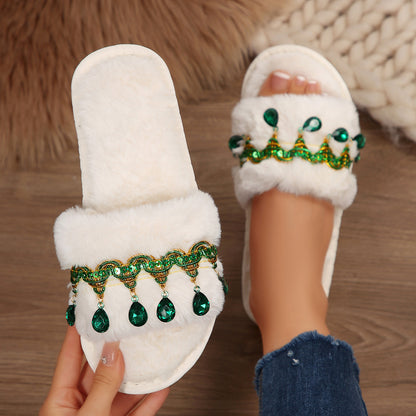 Thick-Soled Furry Slippers for Women in Autumn and Winter Indoor and Outdoor 2025 New Tassel Rhinestone Plush Slippers One-Line Cotton Slippers for Women
