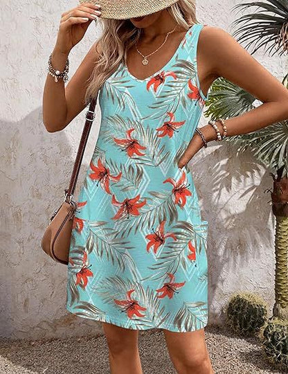 2024 summer casual vest V-neck loose dress with pockets summer bohemian beach dress floral T-shirt with pockets