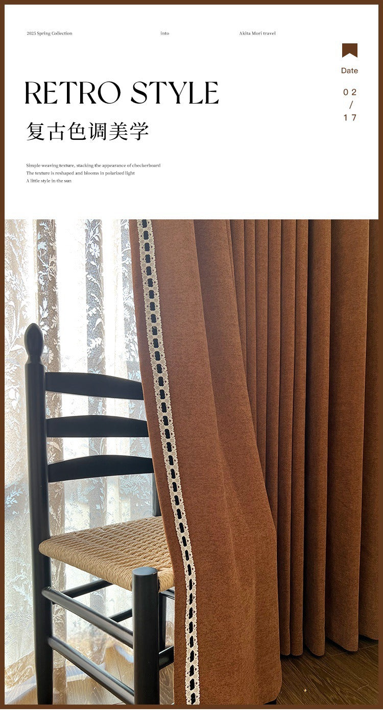 Ankra Brown Shading Bedroom Curtain New Full Shading Living Room High-Level Light Luxury Chenille Cream Curtain
