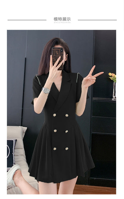 French Hepburn Style Small Black Dress High Sense High Cold Royal Sister Fried Street Small Fragrance Style Pleated Professional Suit dress Summer