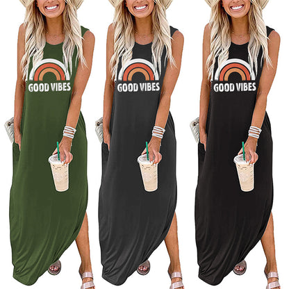 Spot Amazon Independent Station Ebay Women's Dress Good Vibes Rainbow Flap Pocket Pants Casual Sleeveless Long Skirt