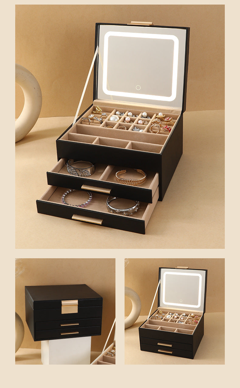 Cross-border PU three-layer cosmetic mirror with LED light high-end jewelry box earring ring necklace bracelet princess jewelry box