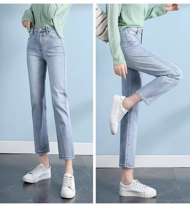 Light-Colored Straight-Leg Jeans for Women, 2026 Spring New Trendy High-Waisted Slimming Pants, Petite Cropped Cigarette Pants