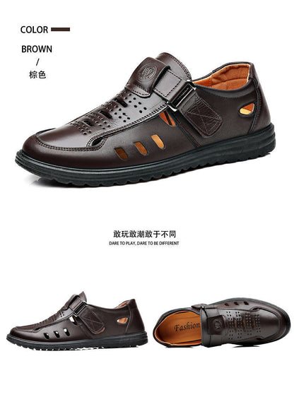 Leather cowhide special clearance shoes hollow leather sandals men's casual hole shoes middle-aged business dad shoes