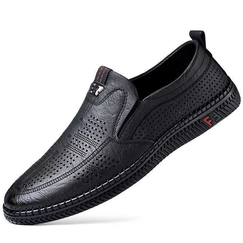 [Broken Size Processing] Leather Shoes Men's Genuine Leather Hole Shoes Dad Shoes Summer Soft Bottom Breathable Lazy Bean Shoes