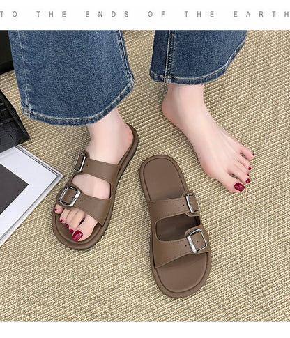 Cross-Border Slippers for Women Summer Flat-Soled Double-Strap Double-Buckle Slippers Southeast Asia New Foreign Trade Fashion Outer Wear Beach Sandals