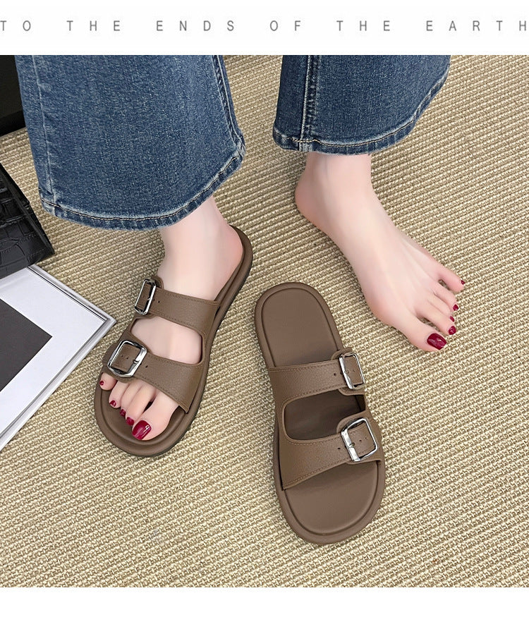 Cross-Border Slippers for Women Summer Flat Slippers Southeast Asia New Double Buckle Foreign Trade Fashion Outer Wear Beach Sandals
