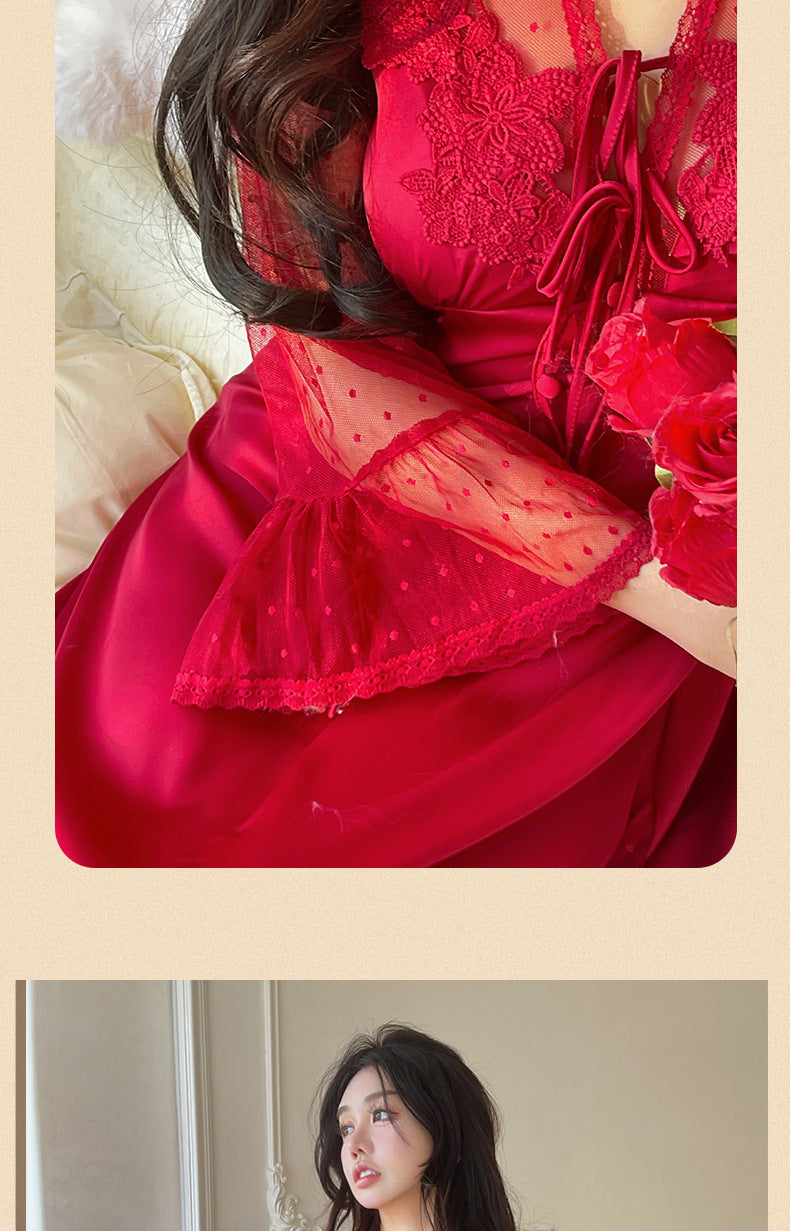 Sexy Pajamas Women's dress Ice Silk French Court with Chest Pad Pure Desire Fairy Nightdress 2025 New Summer