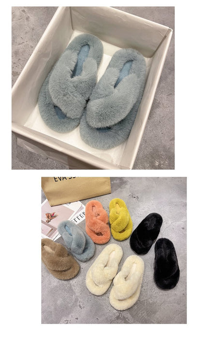 Foreign Trade Furry Slippers for Women 2025 Autumn and Winter New Korean Style Lazy Outer Wear Cross Thick-Soled Open-Toe Slippers for Outer Wear