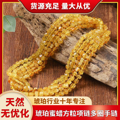Natural, Unenhanced Baltic High-End Amber Beeswax Cube Necklace, Multi-Strand Bracelet, Gold-Wrapped Amber, Freeform