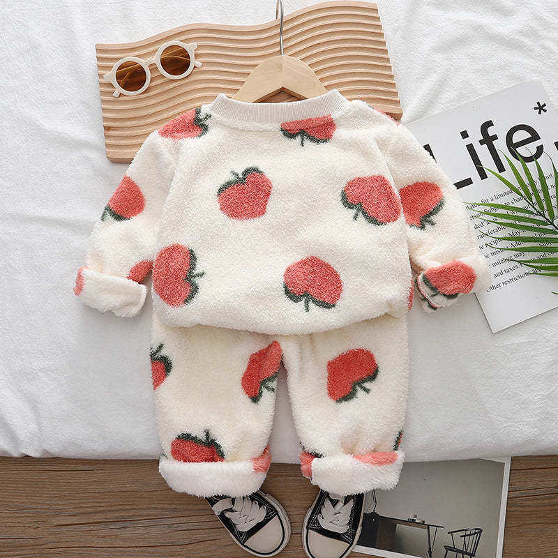 Free Shipping Yukids Kidsren's Autumn and Winter Home Clothes Set for Men and Women Baby Flannel Fruit Warm Two-Piece Set