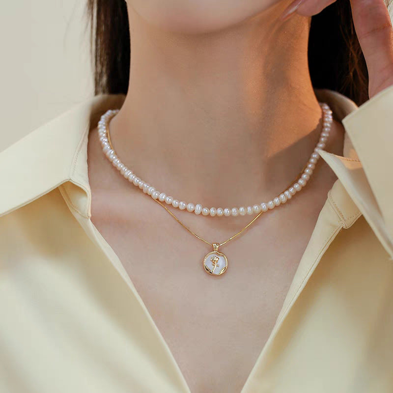 Natural Freshwater Non-nuclear Pearl Double Layer Overlapping Necklace Women's Mother-of-Fritillary Rose Pendant Gold Plated Sweet Light Luxury Set