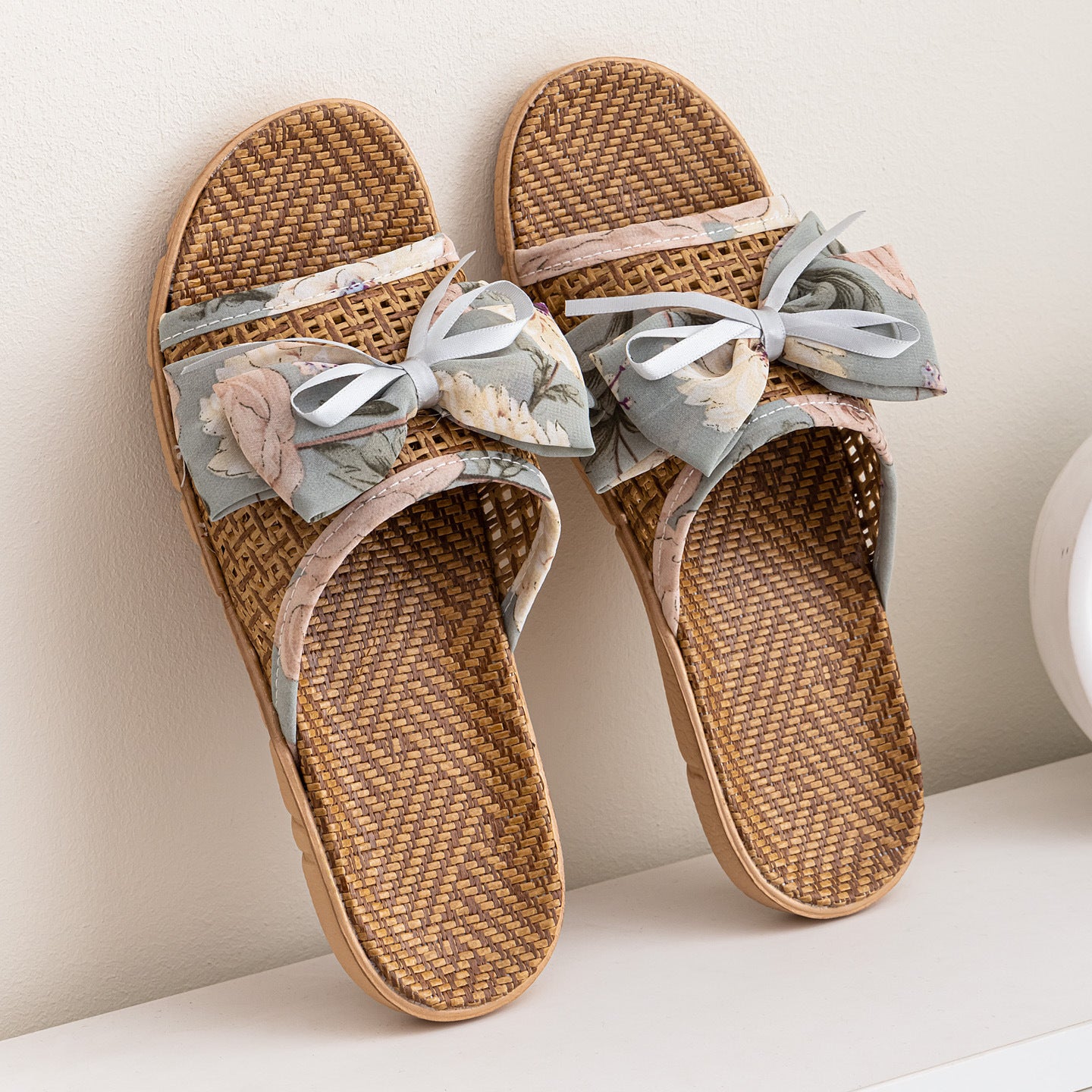 New Summer Rattan Mat Home Mat Slippers Bow Home Indoor Cool Bamboo Fish Mouth Toe Shoes Non-Slip