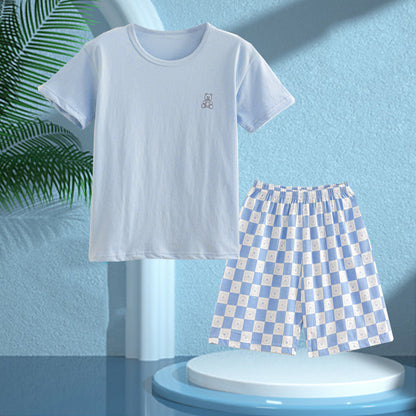 Children's Pajamas, Pure Cotton, Summer Short-Sleeved Shorts Set for Boys, Home Clothes for Girls, Air-Conditioned Clothes for Middle-Aged and Older Boys