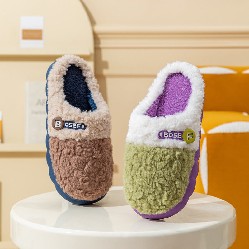 Cotton Slippers for Women, Autumn and Winter New Color Matching Home Indoor Non-Slip Warm Home Thick-Soled Plush Slippers for Men
