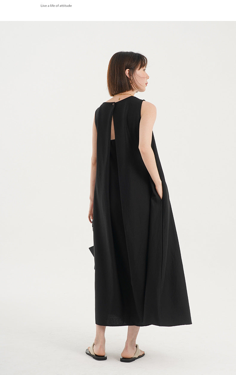 Korean Chic2026 Summer French Design Loose Backless Sleeveless Vest Dress Casual Age-Reducing Long Dress