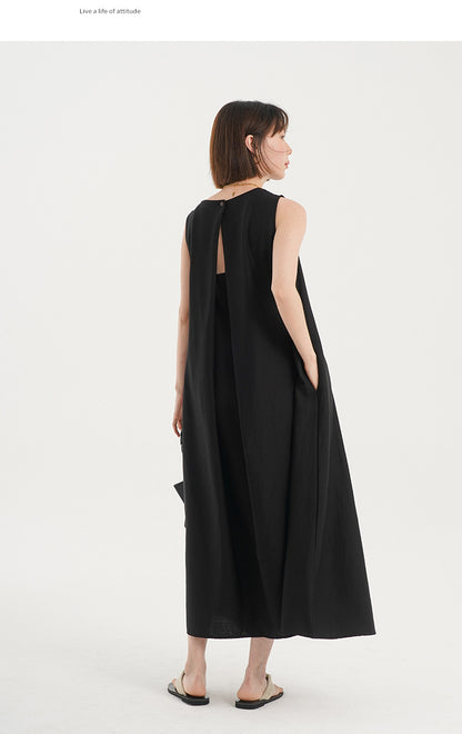 Korean Chic2026 Summer French Design Loose Backless Sleeveless Vest Dress Casual Age-Reducing Long Dress