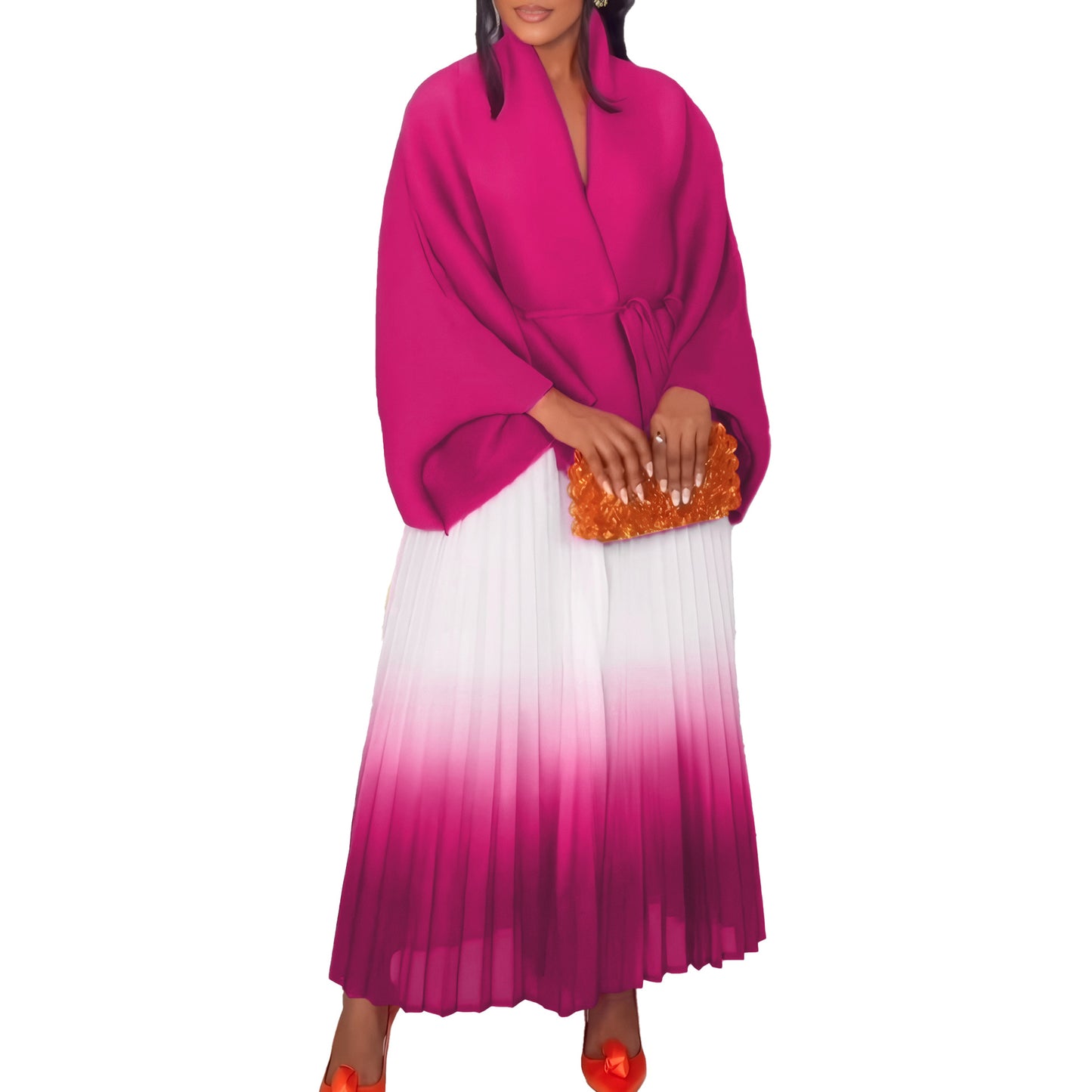 C8610 African plus size Women's Spring New Fashion Strap Bat Sleeve Top Gradient Color-changing Skirt Two-piece Set