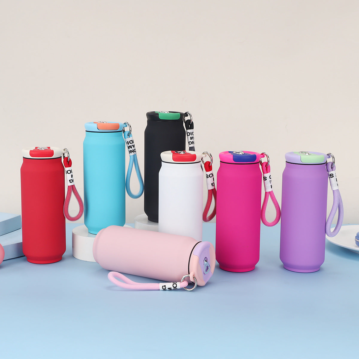 New Style 304 Stainless Steel Thermos Outdoor Portable Cans Lanyard Accompaniably Cups Solid Color Household Straight Water Cup