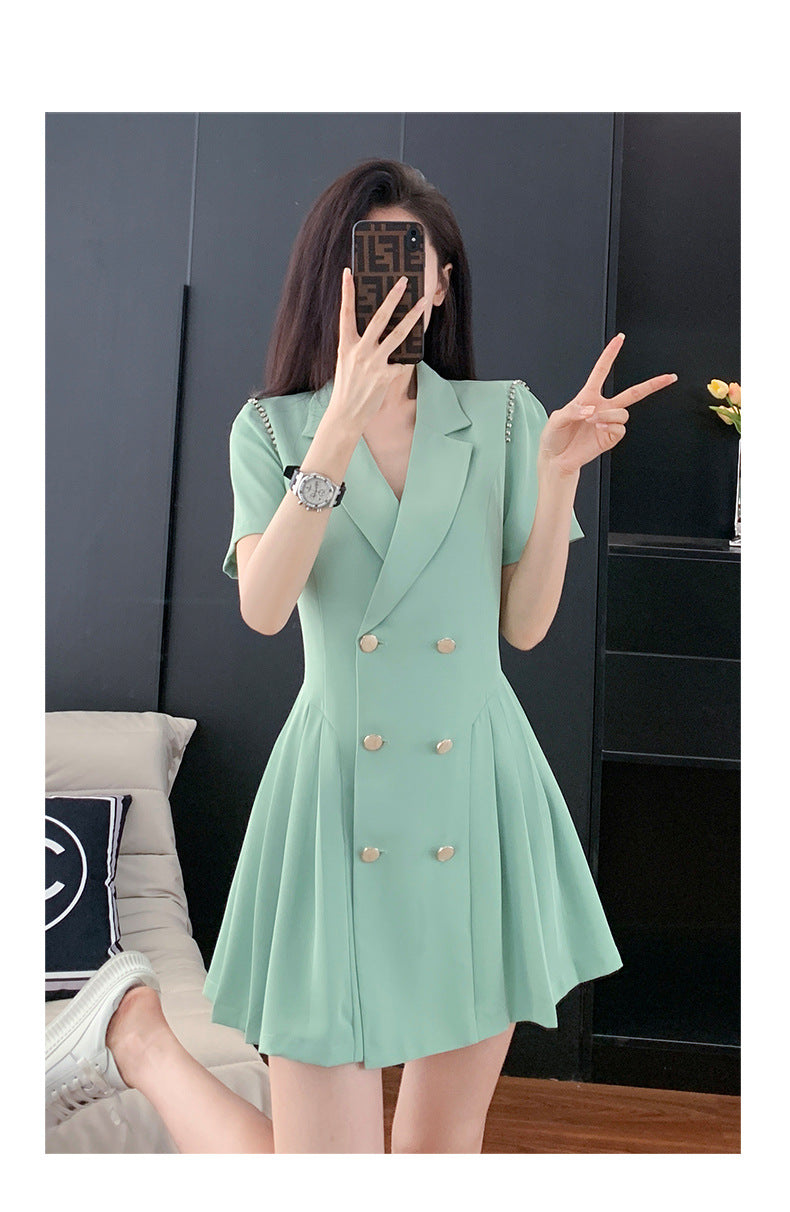 French Hepburn Style Small Black Dress High Sense High Cold Royal Sister Fried Street Small Fragrance Style Pleated Professional Suit dress Summer
