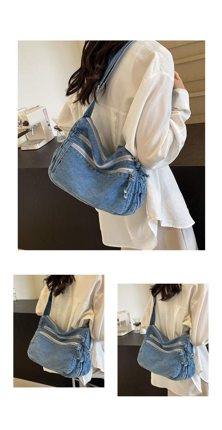 Casual Denim Shoulder Bag Japanese Harajuku Style Canvas Bag for Women 2026 New Large Capacity Simple Crossbody Bag