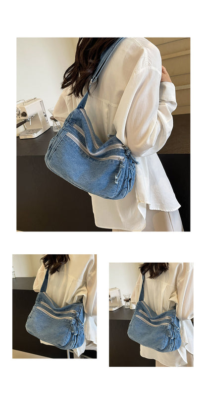 Casual Denim Shoulder Bag Japanese Harajuku Style Canvas Bag for Women 2026 New Large Capacity Simple Crossbody Bag