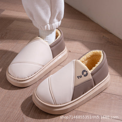 New Leather Waterproof Cotton Slippers for Women in Winter Indoor Thick-Soled Warm Home Fleece-Lined Bag and Couple Wool Slippers for Men