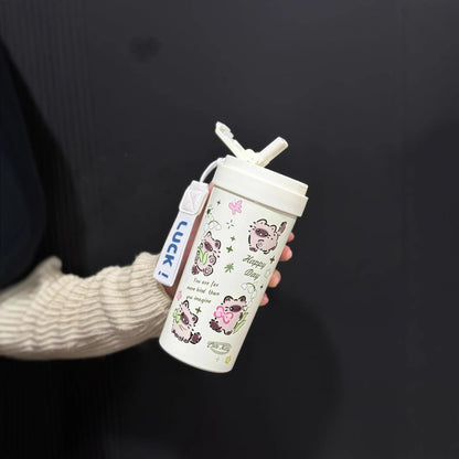 New cute thermos cup 316 stainless steel coffee cup portable double drink portable men's and women's straw accompanying cup