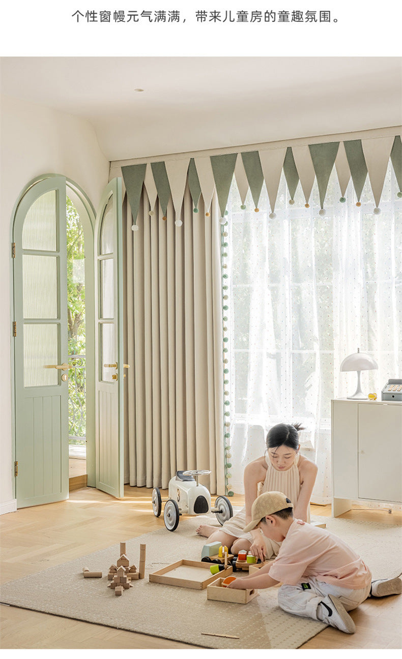 Cream-Colored Chenille Blackout Curtains for Children's Room, Sleeping Beauty Style, with Pom-Pom Design, Custom-Made Finished Product
