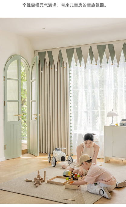 Cream-Colored Chenille Blackout Curtains for Children's Room, Sleeping Beauty Style, with Pom-Pom Design, Custom-Made Finished Product