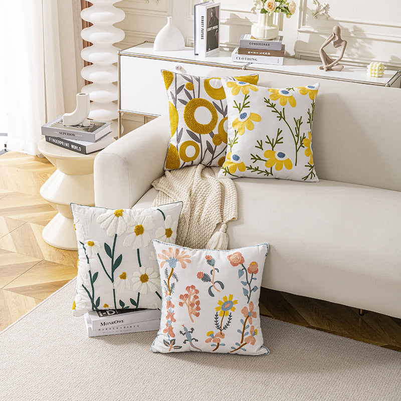 Nordic Towel Embroidered Embroidered Embroidered Pillow Living Room Cream Sofa Cushion Flower Model Room Bay Window Cushion Cover
